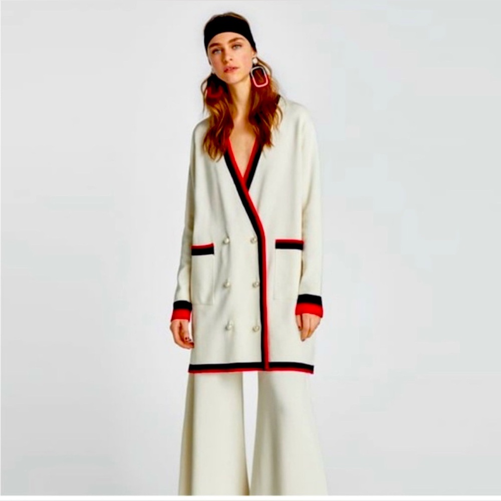 Zara Cream Double-Breasted Blazer sweater with Blue and Red Trim